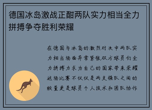 德国冰岛激战正酣两队实力相当全力拼搏争夺胜利荣耀