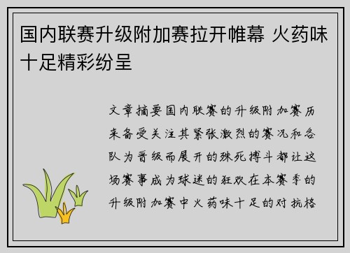 国内联赛升级附加赛拉开帷幕 火药味十足精彩纷呈