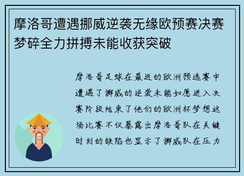 摩洛哥遭遇挪威逆袭无缘欧预赛决赛梦碎全力拼搏未能收获突破