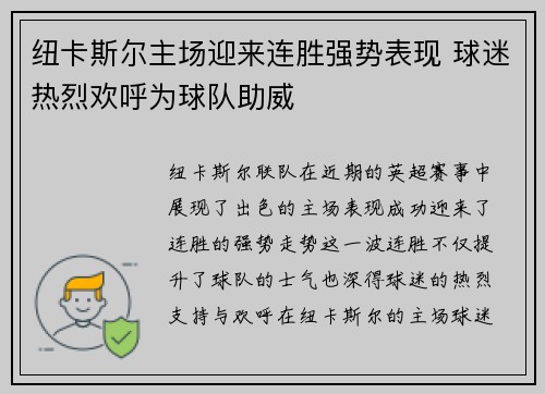 纽卡斯尔主场迎来连胜强势表现 球迷热烈欢呼为球队助威